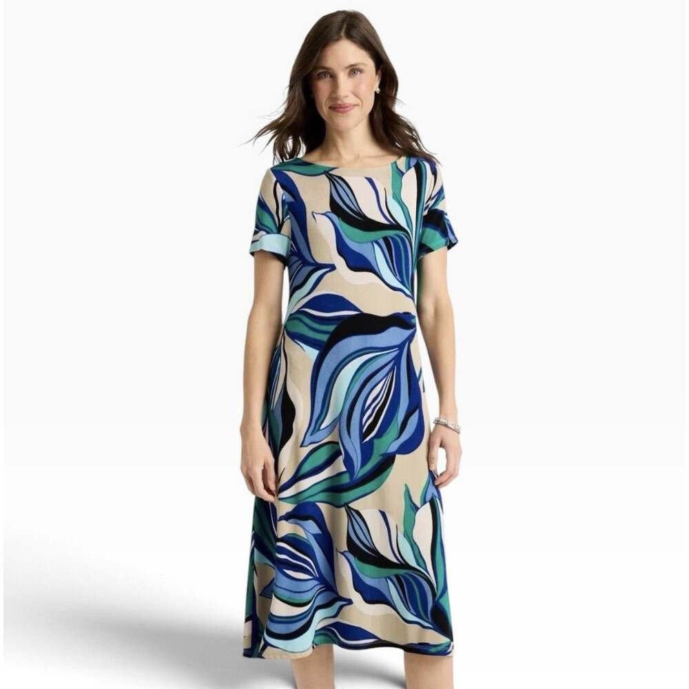 NWT Chicos Travelers Blue Multi Marble Flora Midi Swing Dress Size S (0) $159.50